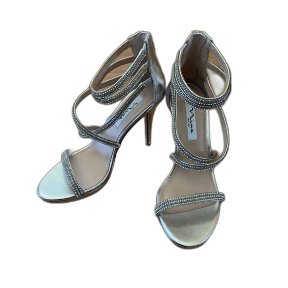 Nina Women's Metallic Silver Crystal Strappy High Heel Stiletto Sandals Size 9